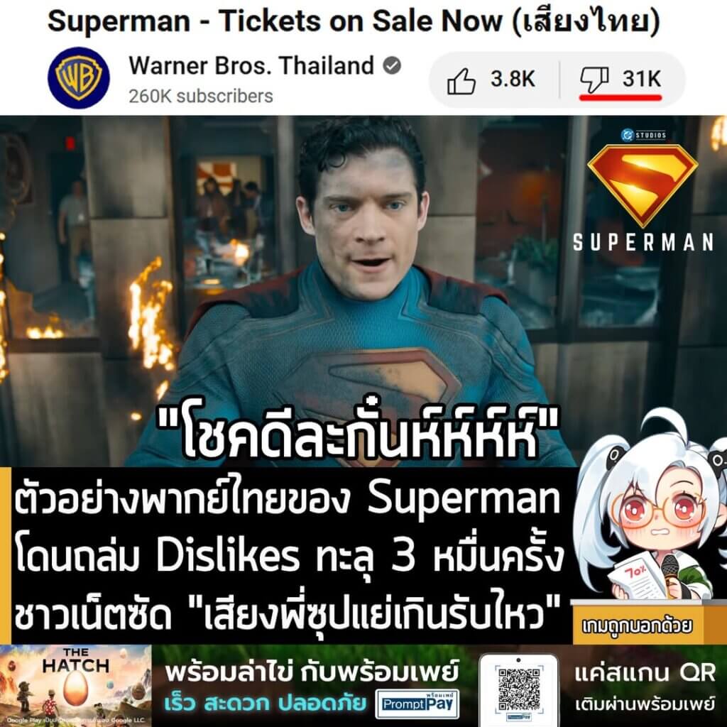 [News] ตัวอย่างพากย์ไทยของ Superman โดนถล่ม Dislikes ทะลุ 3 หมื่นครั้ง ชาวเน็ตซัด "เสียงพี่ซุปแย่เกินรับไหว"