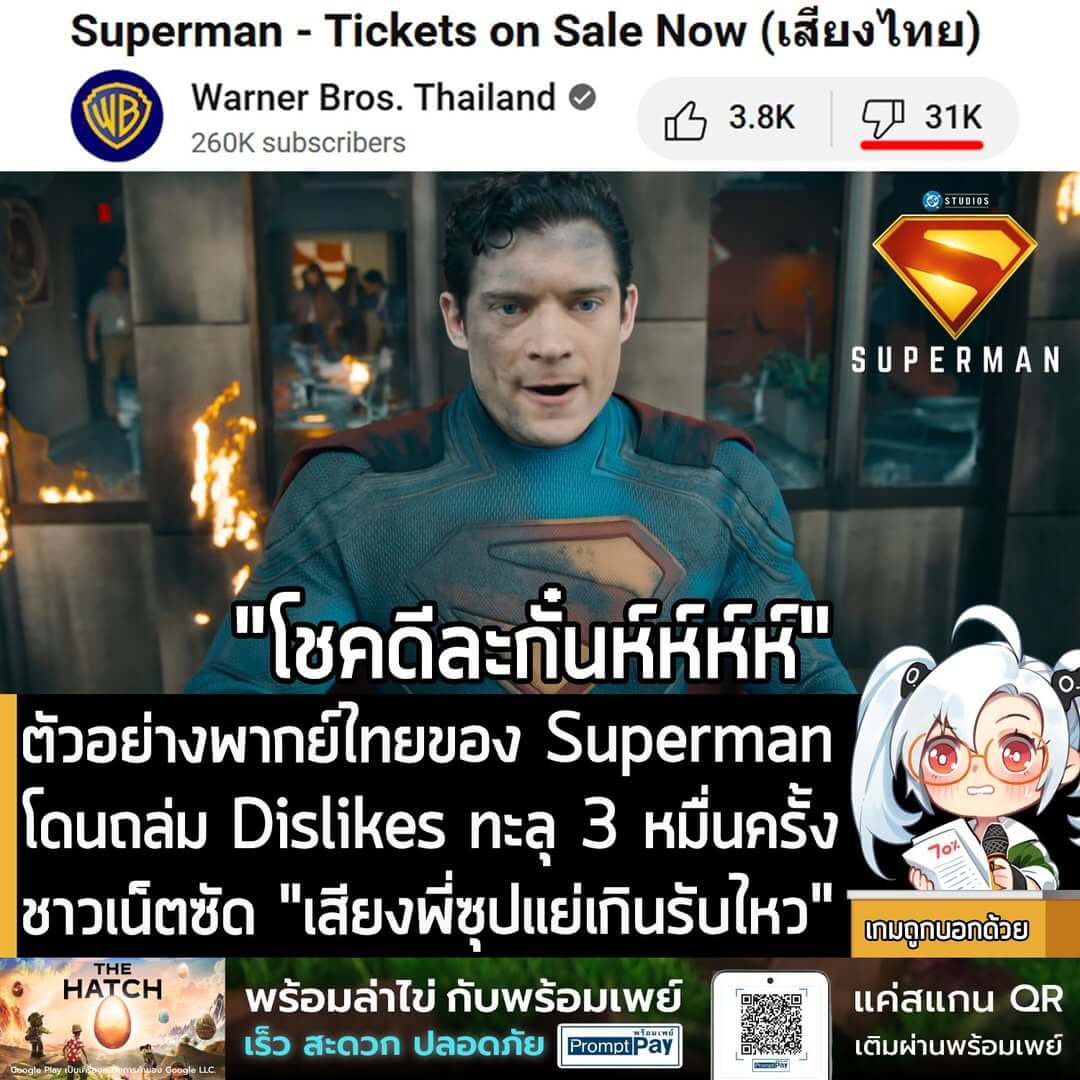 [News] ตัวอย่างพากย์ไทยของ Superman โดนถล่ม Dislikes ทะลุ 3 หมื่นครั้ง ชาวเน็ตซัด "เสียงพี่ซุปแย่เกินรับไหว"