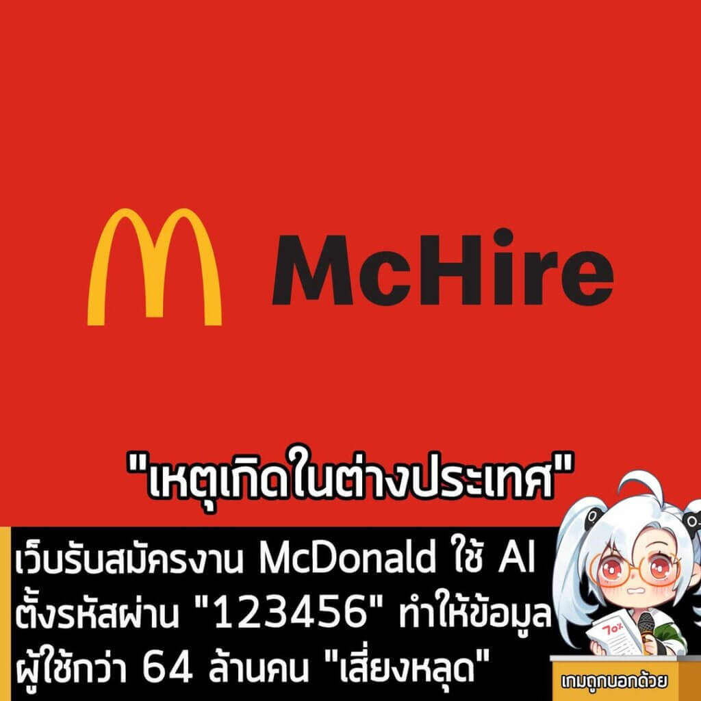 [News] เว็บรับสมัครงาน McDonald ใช้ AI ตั้งรหัสผ่าน "123456" ทำให้ข้อมูลผู้ใช้กว่า 64 ล้านคน "เสี่ยงหลุด"