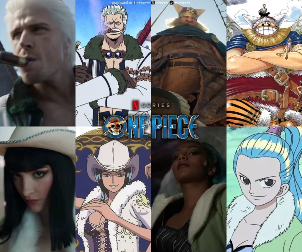 ภาพเปรียบเทียบ 4 ตัวละครใหม่ ประกอบด้วย พลเรือโท Smoker, Nefertari Vivi, Miss All Sunday หรือ Nico Robin และ Brogy ที่เพิ่งเปิดเผยโฉมแรกในวิดีโอตัวอย่างซีซัน 2 ของภาพยนตร์ซีรีส์ One