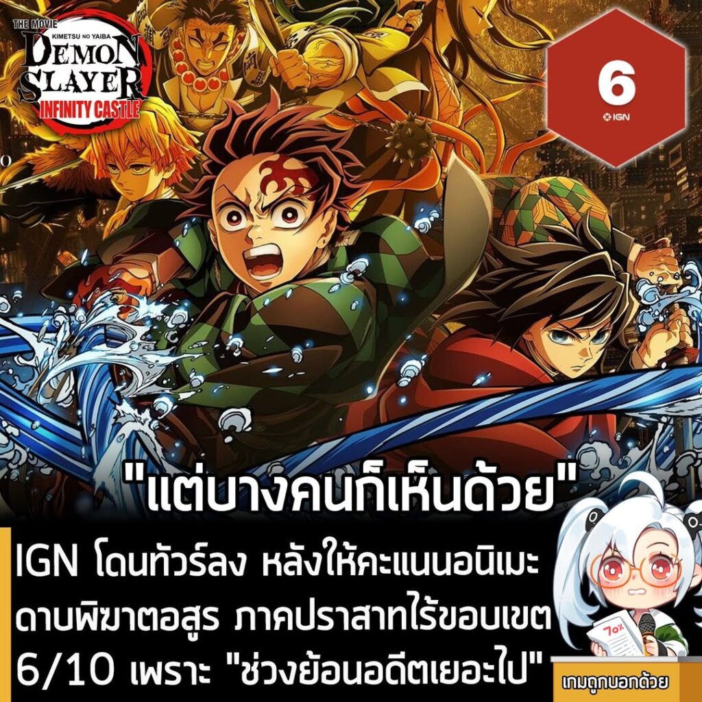 IGN โดนทัวร์ลง หลังให้คะแนนอนิเมะดาบพิฆาตอสูร ภาคปราสาทไร้ขอบเขต 6/10 เพราะ "ช่วงย้อนอดีตเยอะไป"