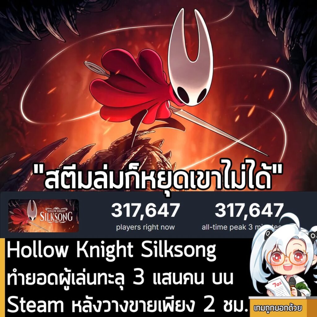 Hollow Knight Silksong ทำยอดผู้เล่นทะลุ 3 แสนคน บน Steam หลังวางขายเพียง 2 ชม.