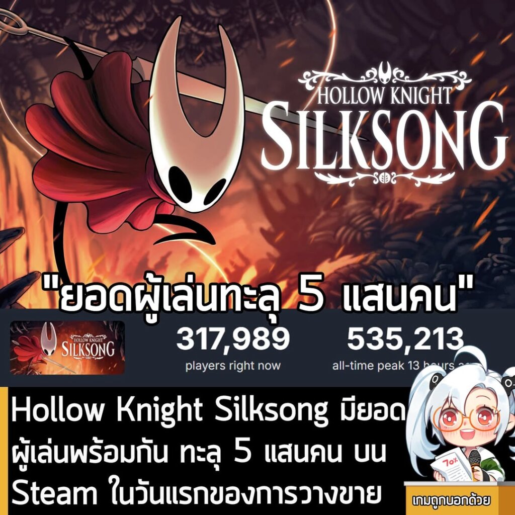 Hollow Knight Silksong มียอดผู้เล่นพร้อมกัน ทะลุ 5 แสนคน บน Steam ในวันแรกของการวางขาย