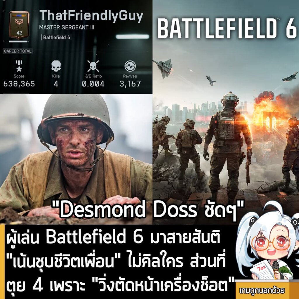 ผู้เล่น Battlefield 6 มาสายสันติ "เน้นชุบชีวิตเพื่อน" ไม่คิลใคร ส่วนที่ตุย 4 เพราะ "วิ่งตัดหน้าเครื่องช็อต"