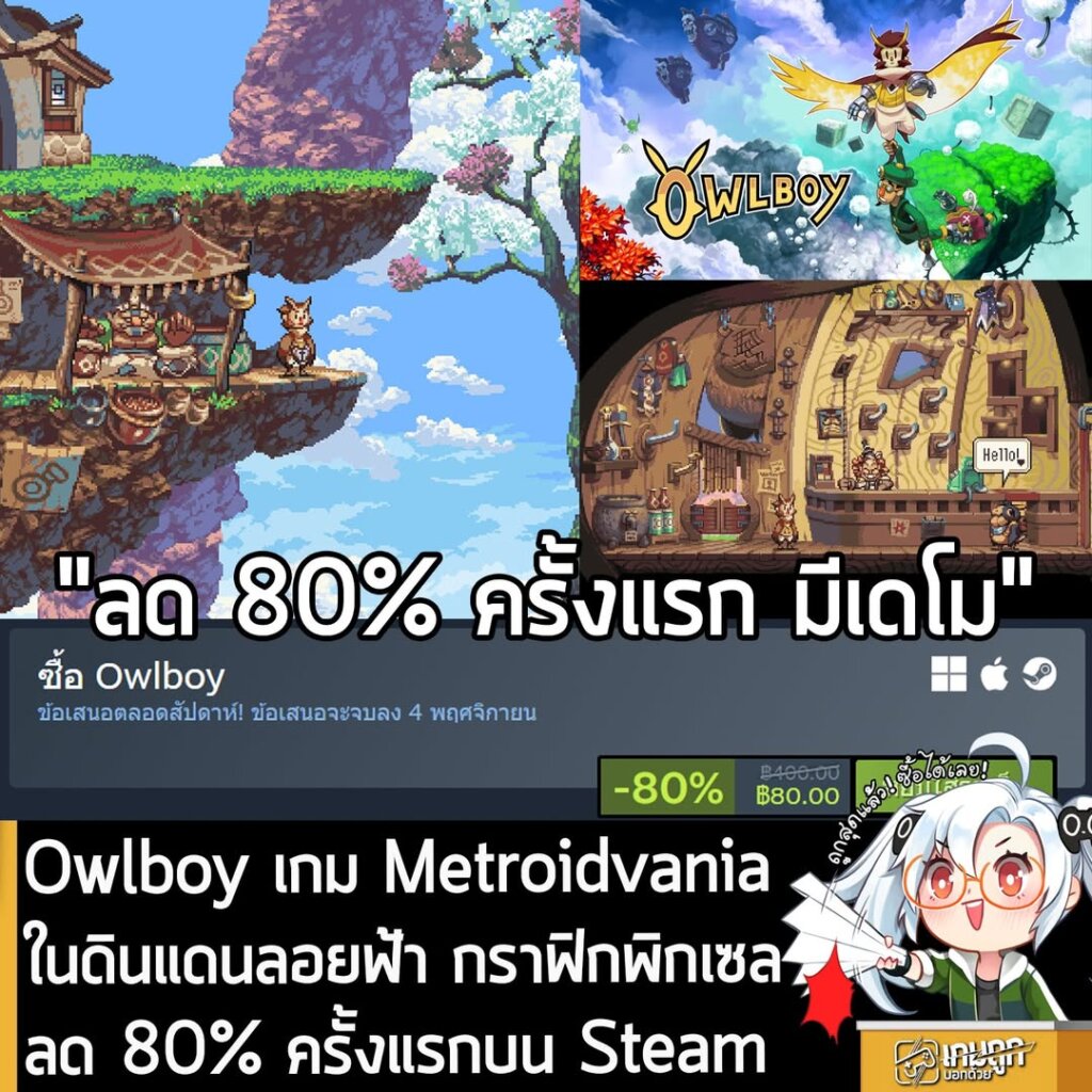 Owlboy กำลังลดราคา 80% ในเว็บ Steam เหลือราคา 80 บาท