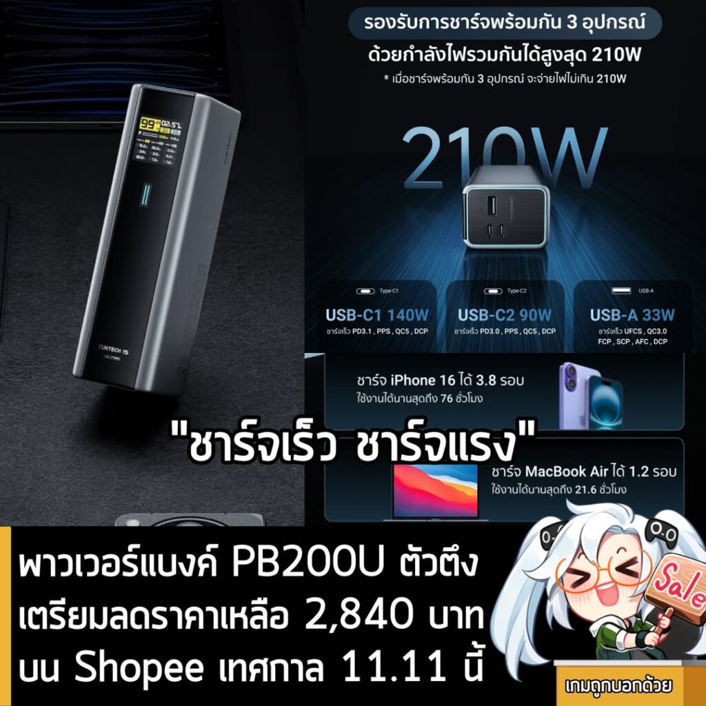 [Deals] Cuktech PB200U พาวเวอร์แบงค์ตัวตึง 20000mAh 210W Max เตรียมลดราคา 11.11 เหลือเพียง 2,840 บาท (ราคาปกติ 3,999 บาท)