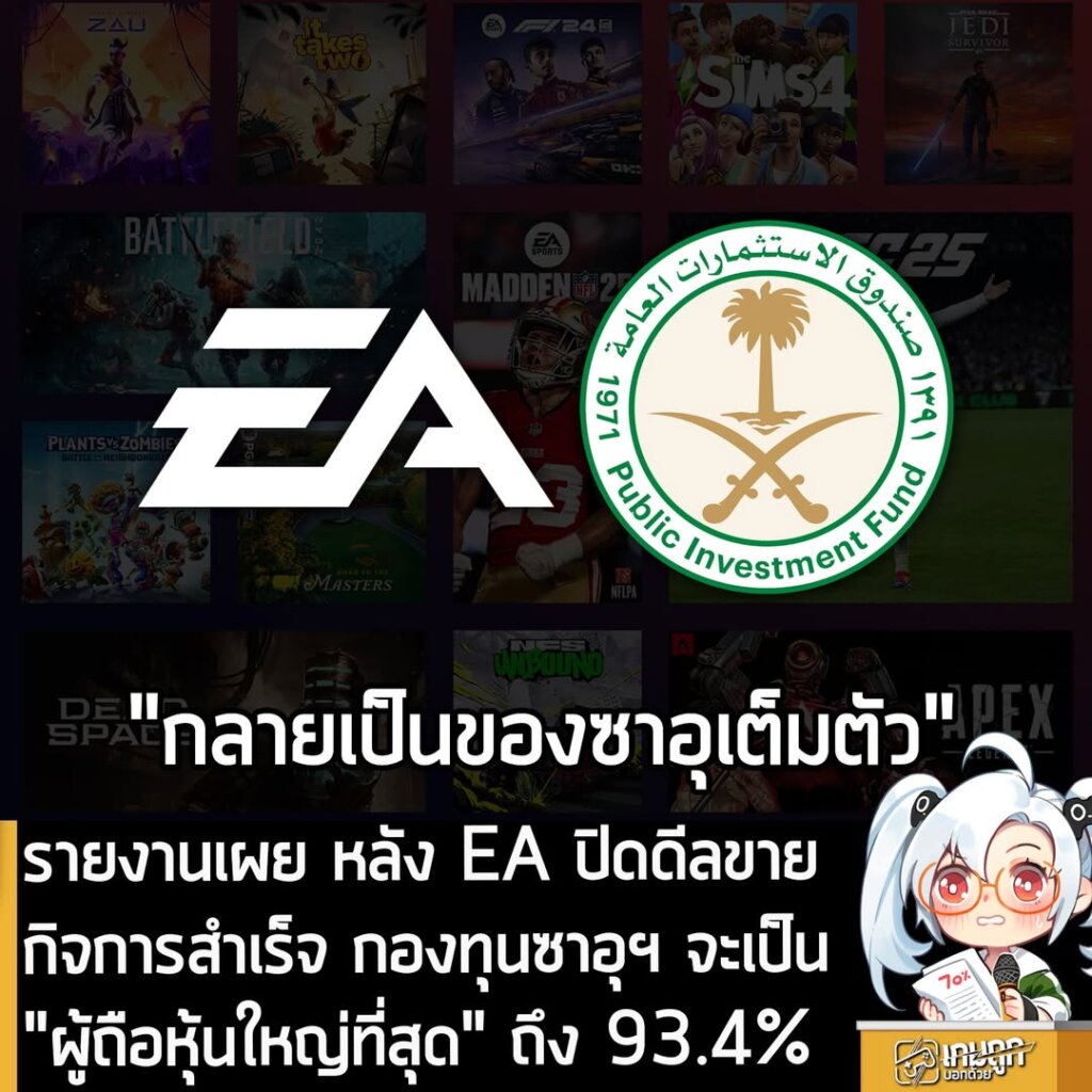 รายงานเผย หลัง EA ปิดดีลขายกิจการสำเร็จ กองทุนซาอุฯ จะเป็น "ผู้ถือหุ้นใหญ่ที่สุด" ถึง 93.4%
