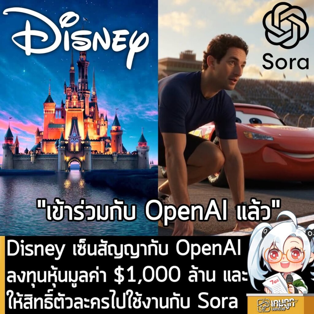 Disney เซ็นสัญญากับ OpenAI ลงทุนหุ้นมูลค่า $1,000 ล้าน และให้สิทธิ์ตัวละคร ไปใช้งานกับ Sora