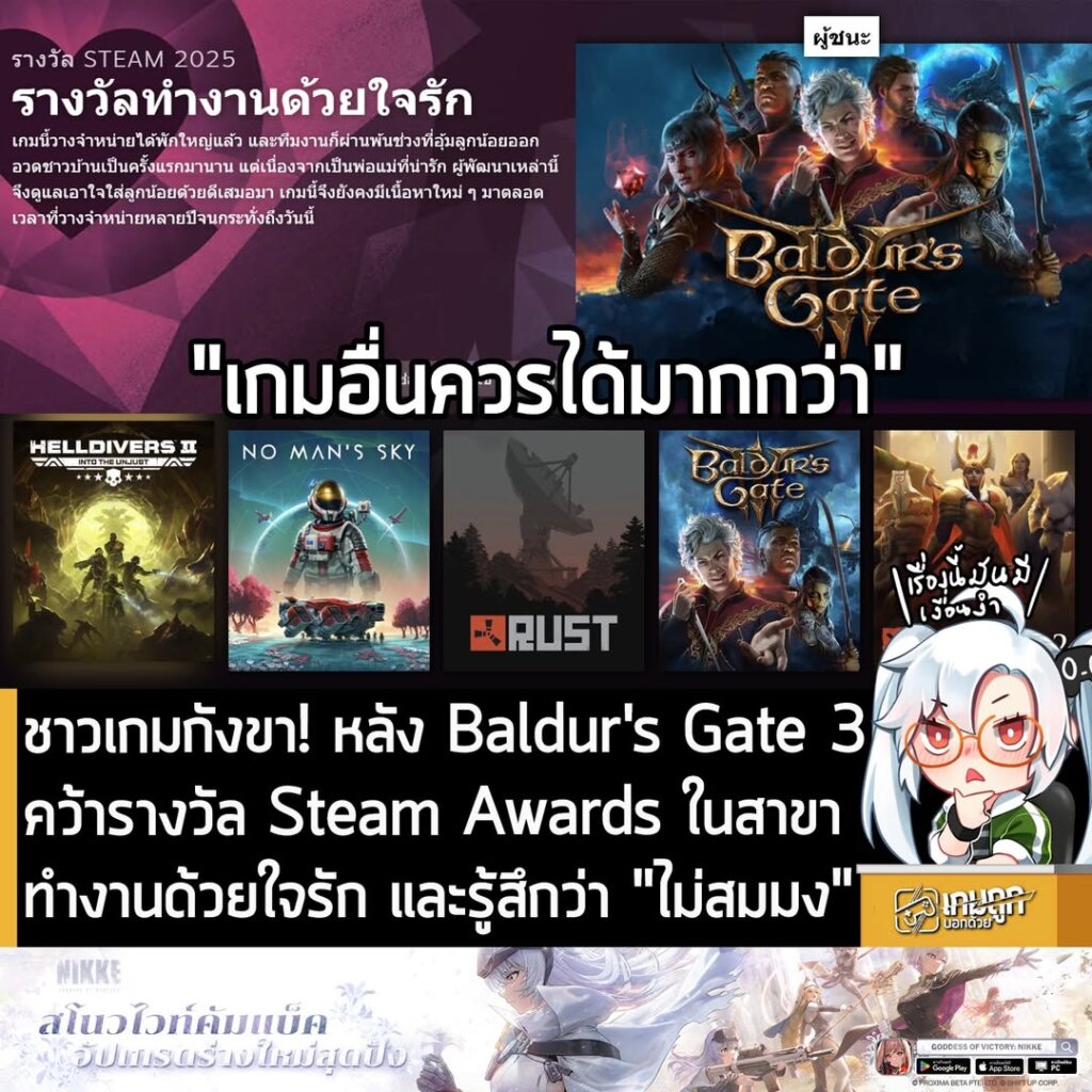 ชาวเกมกังขา! หลัง Baldur's Gate 3 คว้ารางวัล Steam Awards ในสาขาทำงานด้วยใจรัก และรู้สึกว่า "ไม่สมมง"