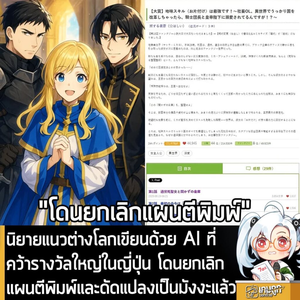 นิยายแนวต่างโลกเขียนด้วย AI ที่คว้ารางวัลใหญ่ในญี่ปุ่น โดนยกเลิกแผนตีพิมพ์และดัดแปลงเป็นมังงะแล้ว