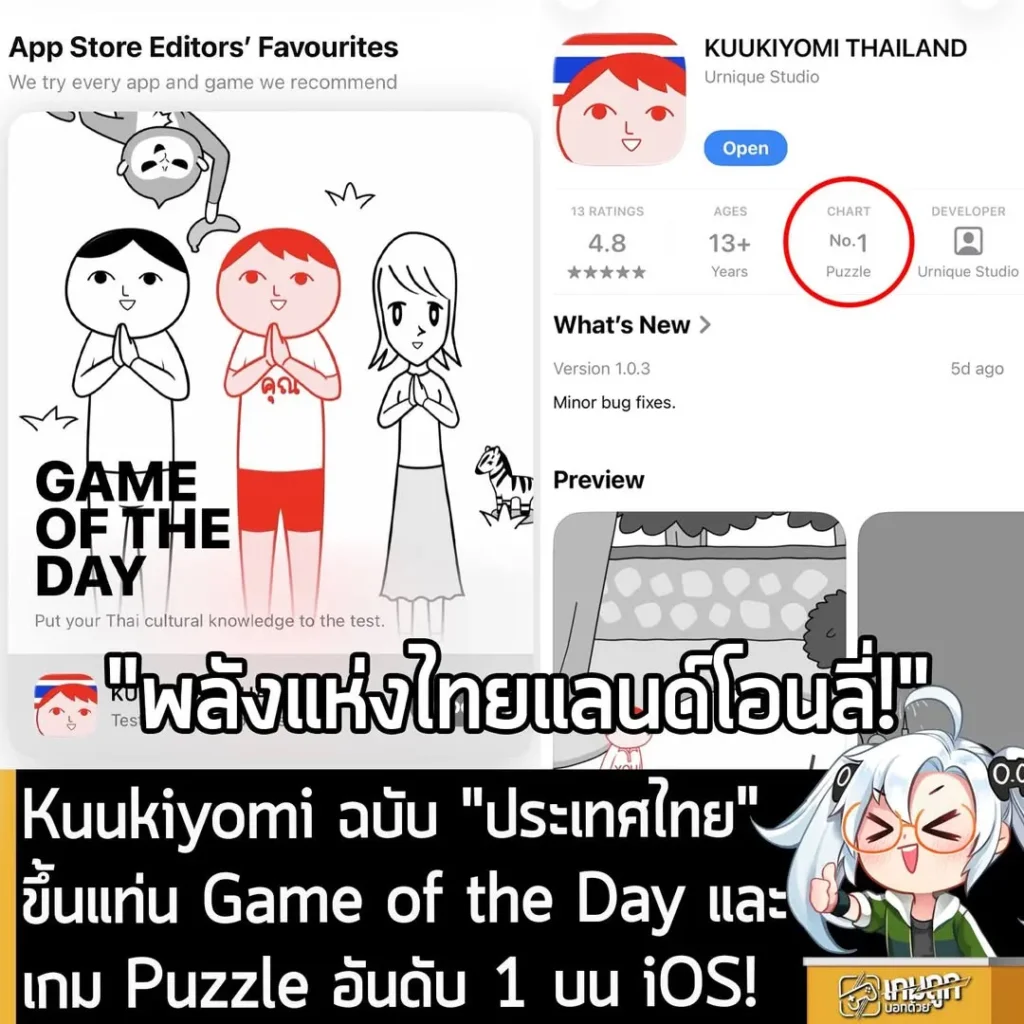 Kuukiyomi ฉบับ "ประเทศไทย" ขึ้นแท่น Game of the Day และเกม Puzzle อันดับ 1 บน iOS!
