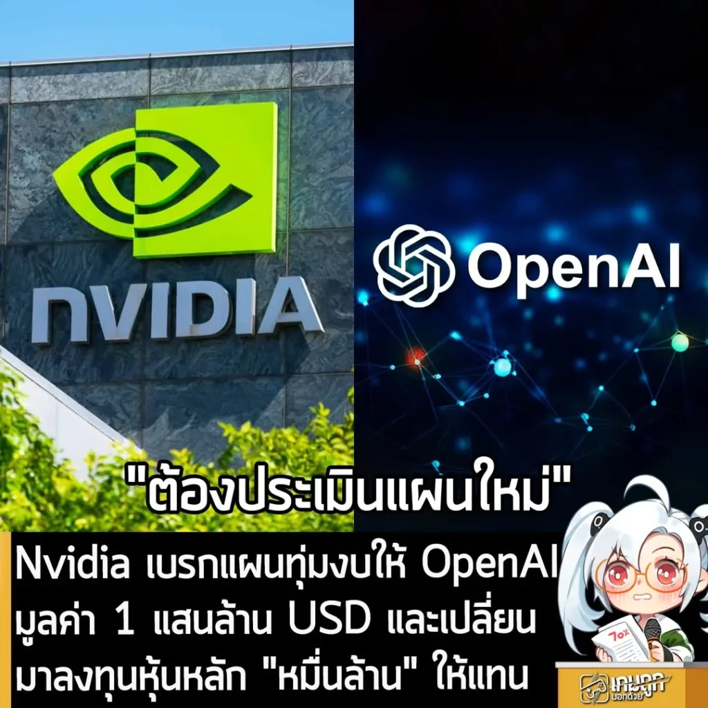Nvidia เบรกแผนทุ่มงบให้ OpenAI มูลค่า 1 แสนล้าน USD เตรียมเปลี่ยนการลงทุนในหุ้นหลัก "หมื่นล้าน" แทน