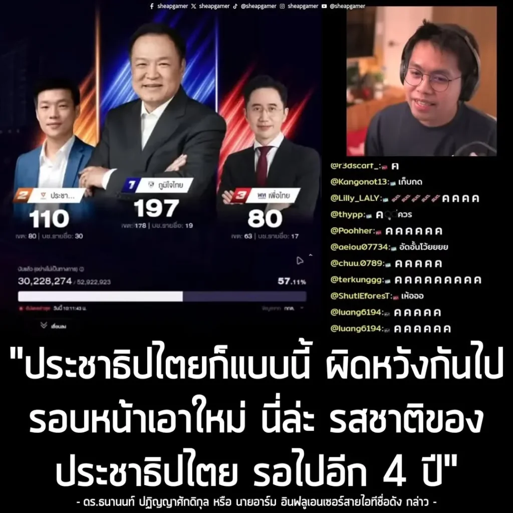 "Deal with it, it's ok เราแพ้ เรายังทำไม่ดีพอ แต่ว่าต้องบอกว่า มูฟของภูมิใจไทย ทำมาดี มันได้คะแนนเสียงมากกว่า ก็ต้องยอมรับแบบนี้ป่ะวะ จะไปว่าคนอื่นที่เขาเลือก (ที่เขาชอบ) ทำไม เอาเวลาไปเปลี่ยนใจเขาดีกว่า ประชาธิปไตยก็แบบนี้ นี่ละรสชาติของประชาธิปไตย รอไปอีก 4