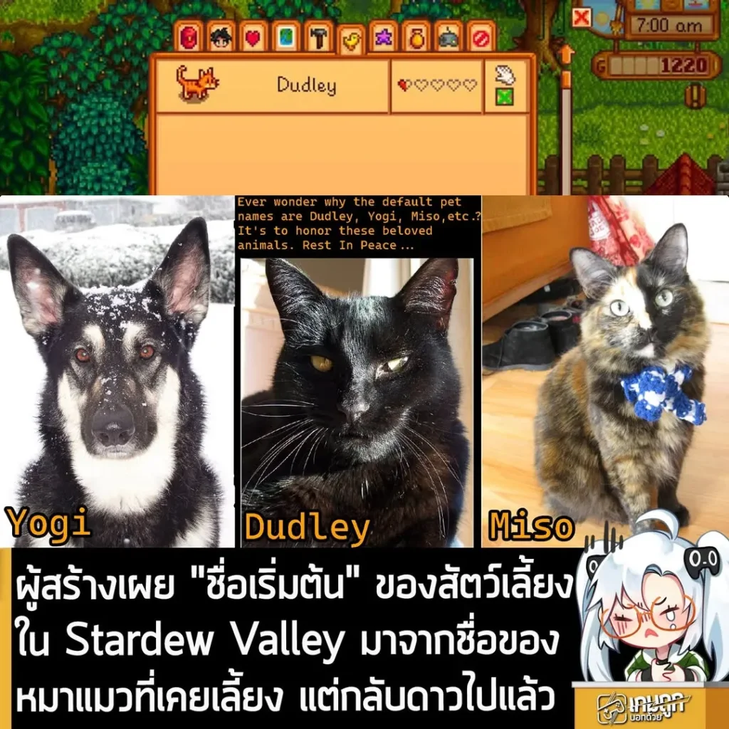 ผู้สร้างเผย "ชื่อเริ่มต้น" ของสัตว์เลี้ยงใน Stardew Valley มาจากชื่อของหมาแมวที่เคยเลี้ยง แต่กลับดาวไปแล้ว