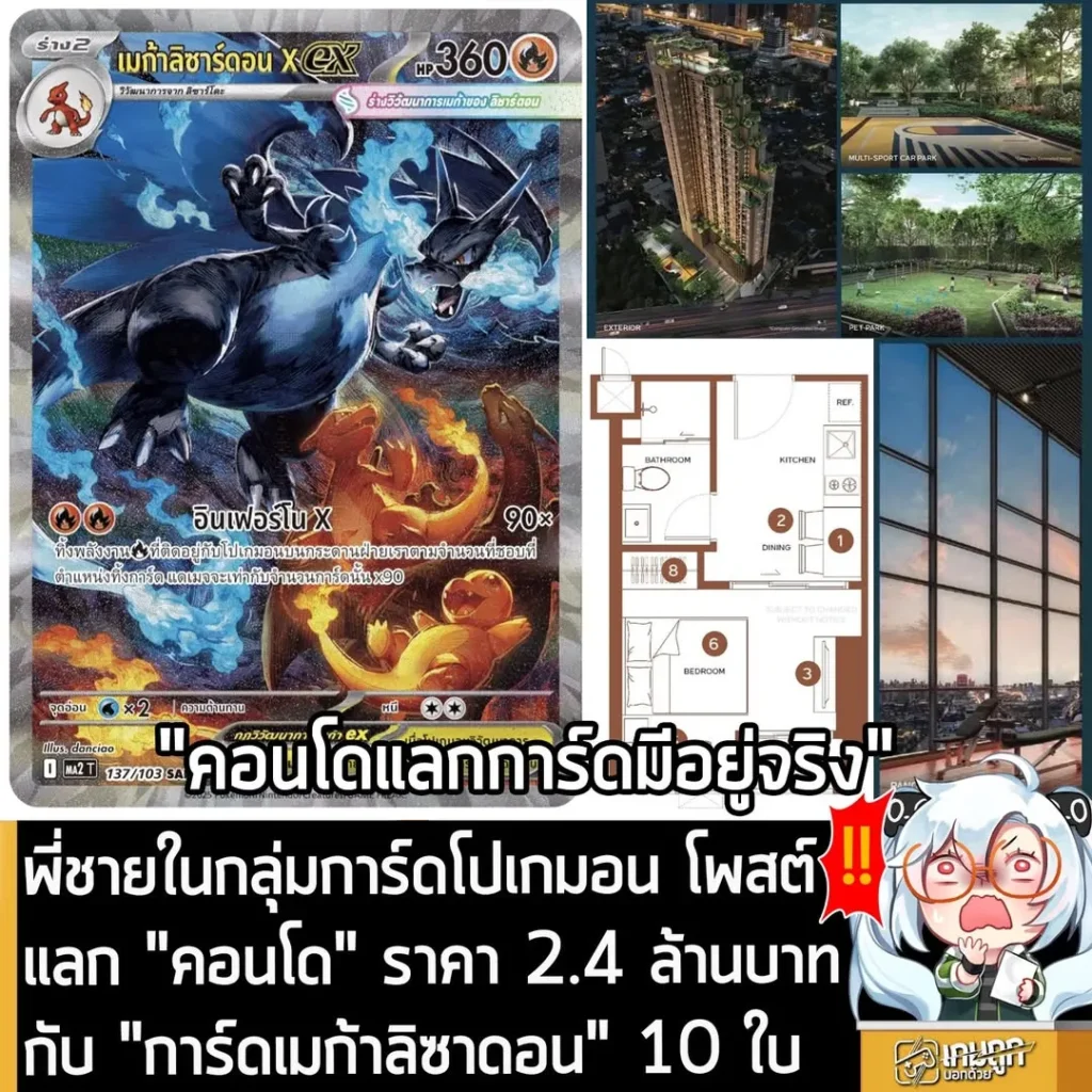พี่ชายในกลุ่มการ์ดโปเกมอน โพสต์แลก "คอนโด" ราคา 2.4 ล้านบาท กับ "การ์ดเมก้าลิซาดอน" 10 ใบ