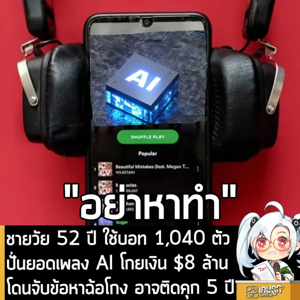 ชายวัย 52 ปี ใช้บอท 1,040 ตัว ปั่นยอดเพลง AI โกยเงิน $8 ล้าน โดนจับข้อหาฉ้อโกง อาจติดคุก 5 ปี