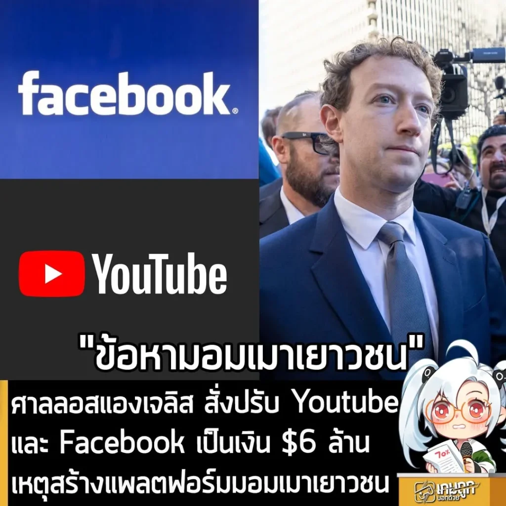 ศาลลอสแองเจลิส สั่งปรับ Youtubeและ Facebook เป็นเงิน $6 ล้านเหตุสร้างแพลตฟอร์มมอมเมาเยาวชน
