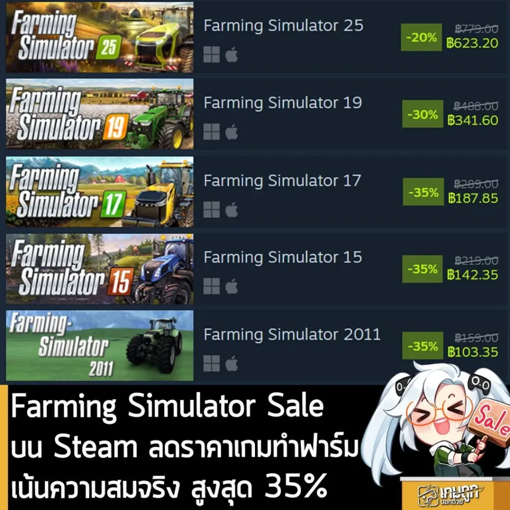 เกมทำฟาร์มปลูกผักซีรีส์ Farming Simulator กำลังลดราคาสูงสุด 35% ในเว็บ Steam เหลือราคาดังนี้