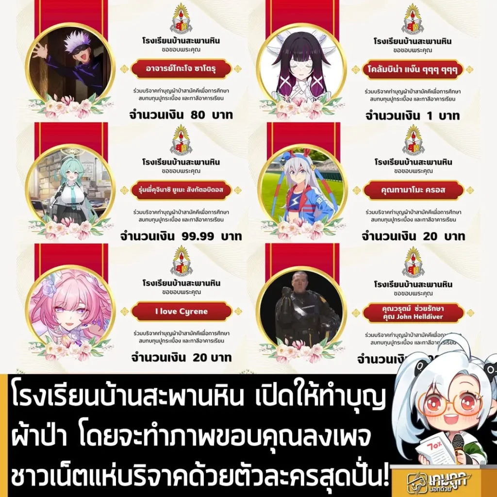 โรงเรียนบ้านสะพานหิน เปิดให้ทำบุญผ้าป่า โดยจะทำภาพขอบคุณลงเพจ ชาวเน็ตแห่บริจาคด้วยตัวละครสุดปั่น!