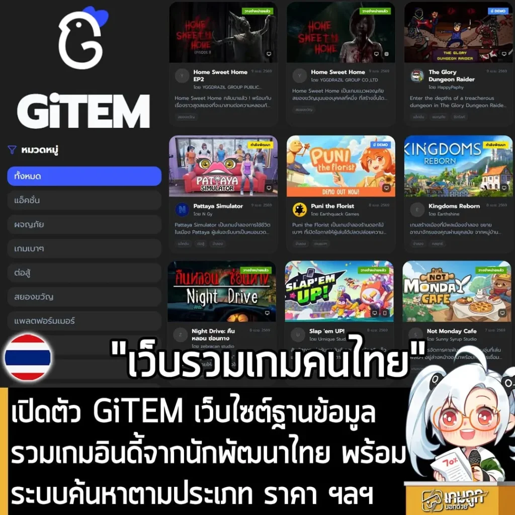 เปิดตัว GiTEM เว็บไซต์ฐานข้อมูลรวมเกมอินดี้จากนักพัฒนาไทย พร้อมระบบค้นหาตามประเภท ราคา ฯลฯ