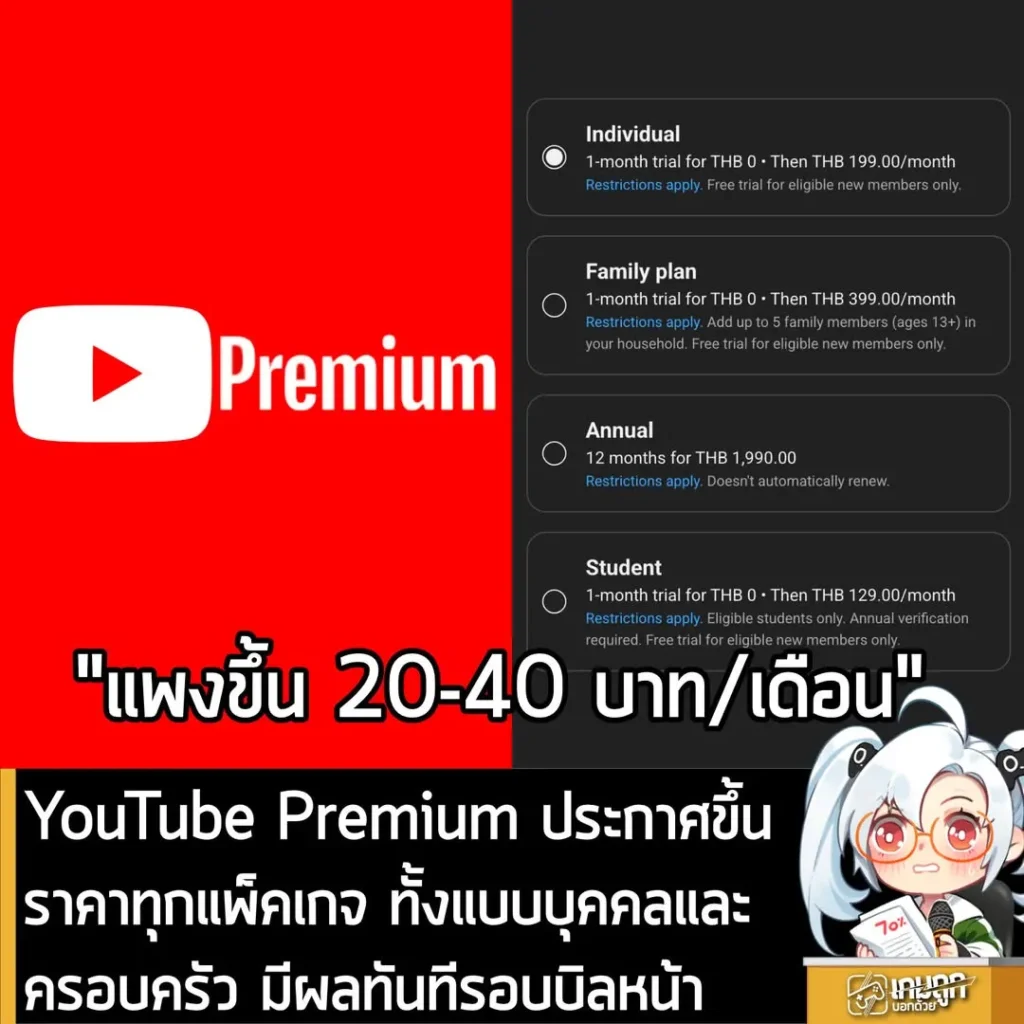 YouTube Premium ประกาศขึ้นราคาทุกแพ็คเกจ ทั้งแบบบุคคลและครอบครัว มีผลทันทีรอบบิลหน้า