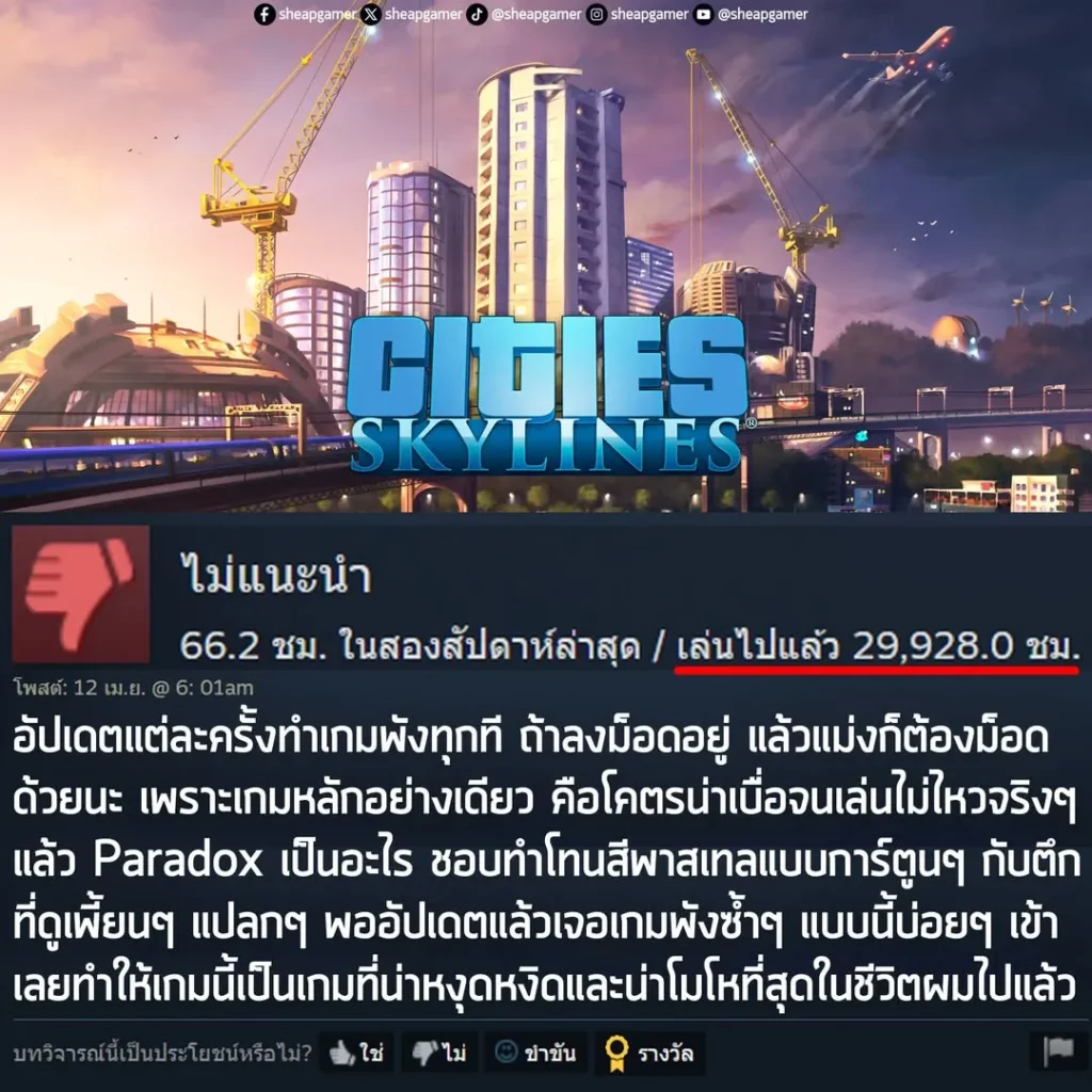 "อัปเดตแต่ละครั้งทำเกมพังทุกที ถ้าลงม็อดอยู่ แล้วแม่งก็ต้องม็อดด้วยนะ เพราะเกมหลักอย่างเดียว คือโคตรน่าเบื่อจนเล่นไม่ไหวจริงๆ แล้ว Paradox เป็นอะไร ชอบทำโทนสีพาสเทลแบบการ์ตูนๆ กับตึกที่ดูเพี้ยนๆ แปลกๆ พออัปเดตแล้วเจอเกมพังซ้ำๆ แบบนี้บ่อยๆ เข้า เลยทำให้เกมนี้เป็นเกมที่น่าหงุดหงิดและน่าโมโหที่สุดในชีวิตผมไปแล้ว"