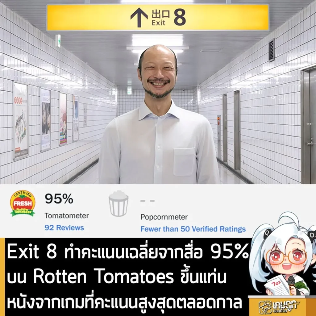 Exit 8 ทำคะแนนเฉลี่ยจากสื่อ 95% บน Rotten Tomatoes ขึ้นแท่นหนังจากเกมที่คะแนนสูงสุดตลอดกาล
