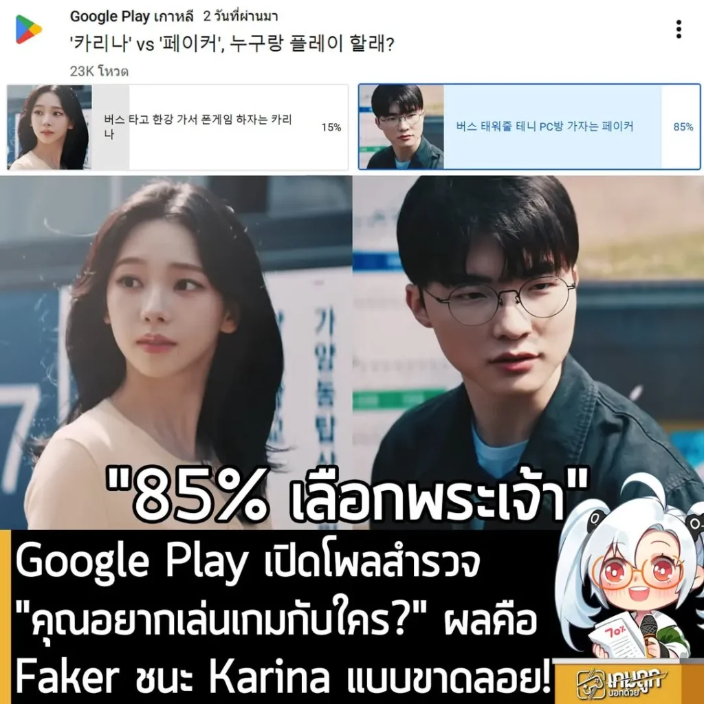 Google Play เปิดโพลสำรวจ "คุณอยากเล่นเกมกับใคร?" ผลคือ Faker ชนะ Karina แบบขาดลอย!