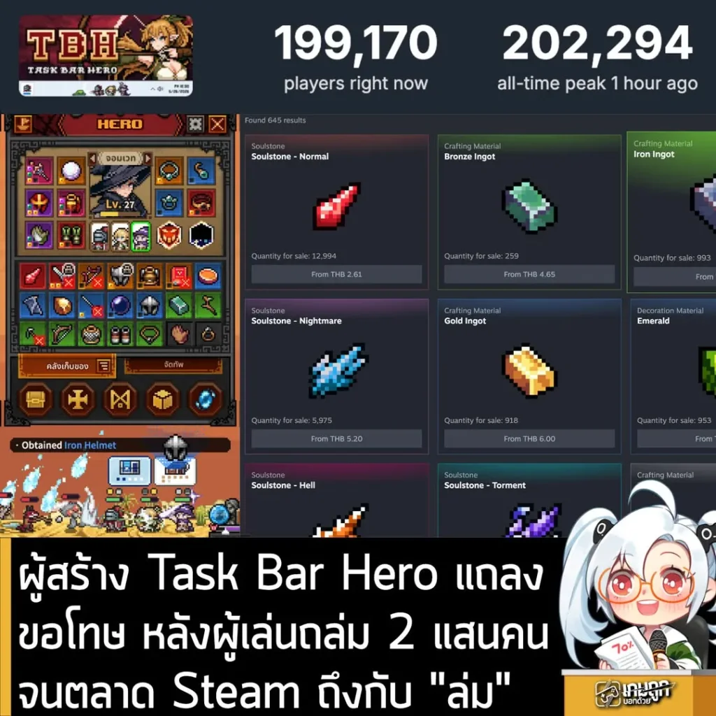 ผู้สร้าง Task Bar Hero แถลงขอโทษ หลังผู้เล่นถล่ม 2 แสนคน จนระบบตลาด Steam ล่ม