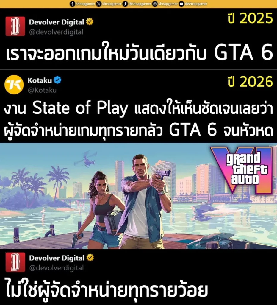 ย้อนไปในปี 2025 ค่าย Devolver Digital ค่ายผู้จัดจำหน่ายเกมอินดี้ระดับโลก ได้โพสต์ข้อความว่า “เราจะออกใหม่เกมวันเดียวกับ GTA6” เป็นการแสดงจุดยืนว่าค่ายอินดี้ของพวกเขาไม่ได้ตื่นตระหนกหรือคิดจะหลบทางให้กับการมาของยักษ์แห่งวงการเกมอย่าง GTA 6 แต่อย่างใด�