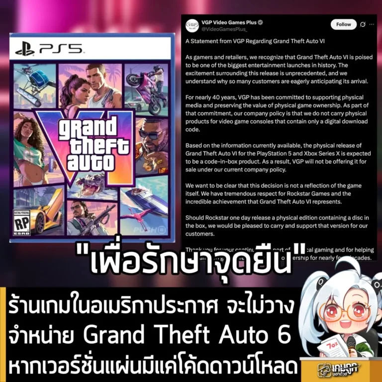 ร้านเกมในอเมริกาประกาศ ไม่วางจำหน่าย Grand Theft Auto 6 หากเวอร์ชั่นแผ่นมีแค่โค้ดดาวน์โหลด