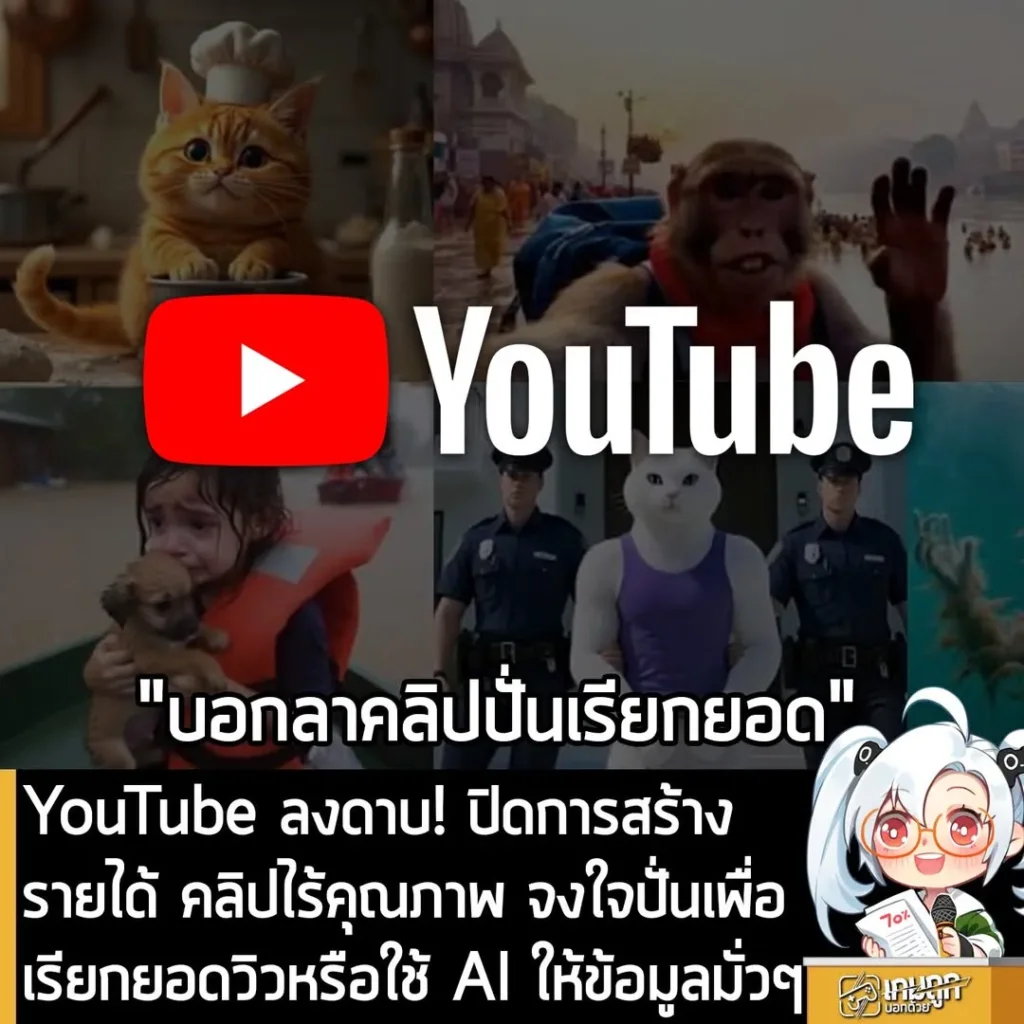 YouTube ลงดาบ! ปิดการสร้างรายได้ คลิปไร้คุณภาพ จงใจปั่นเพื่อเรียกยอดวิวหรือใช้ AI ให้ข้อมูลมั่วๆ